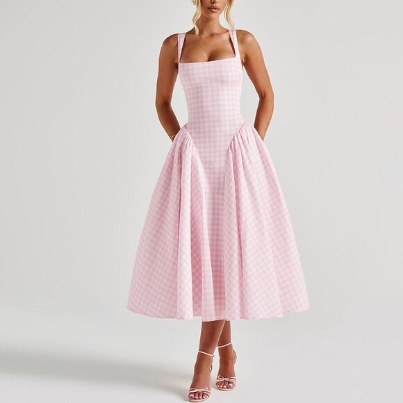 ✨ NEW Pink Gingham Print Full Skirt Midi Dress - Picture 3 of 15